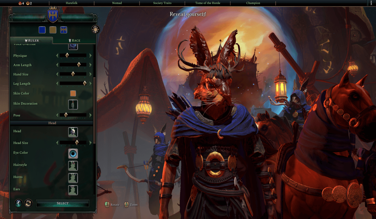 Age of Wonders 4 character creation screen being used to create a Harefolk character.