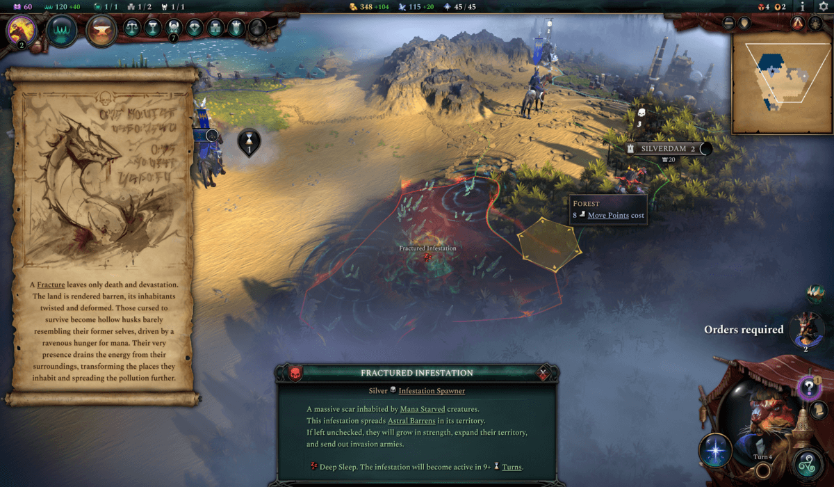 Screenshot from Age of Wonders 4 demonstrating what Astral Barrens look like. A strange black area appears on the land, with swirling, blue vortexes inside.