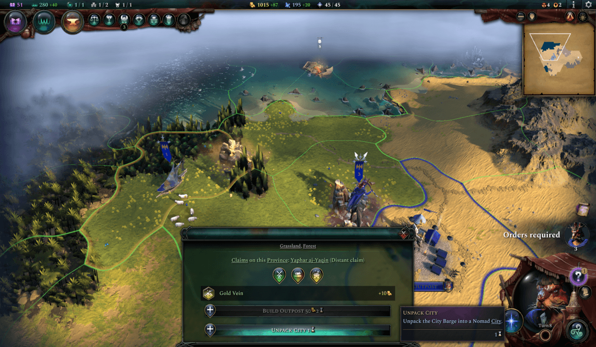 Map screen in Age of Wonders 4 showing a player using a City Barge to relocate.