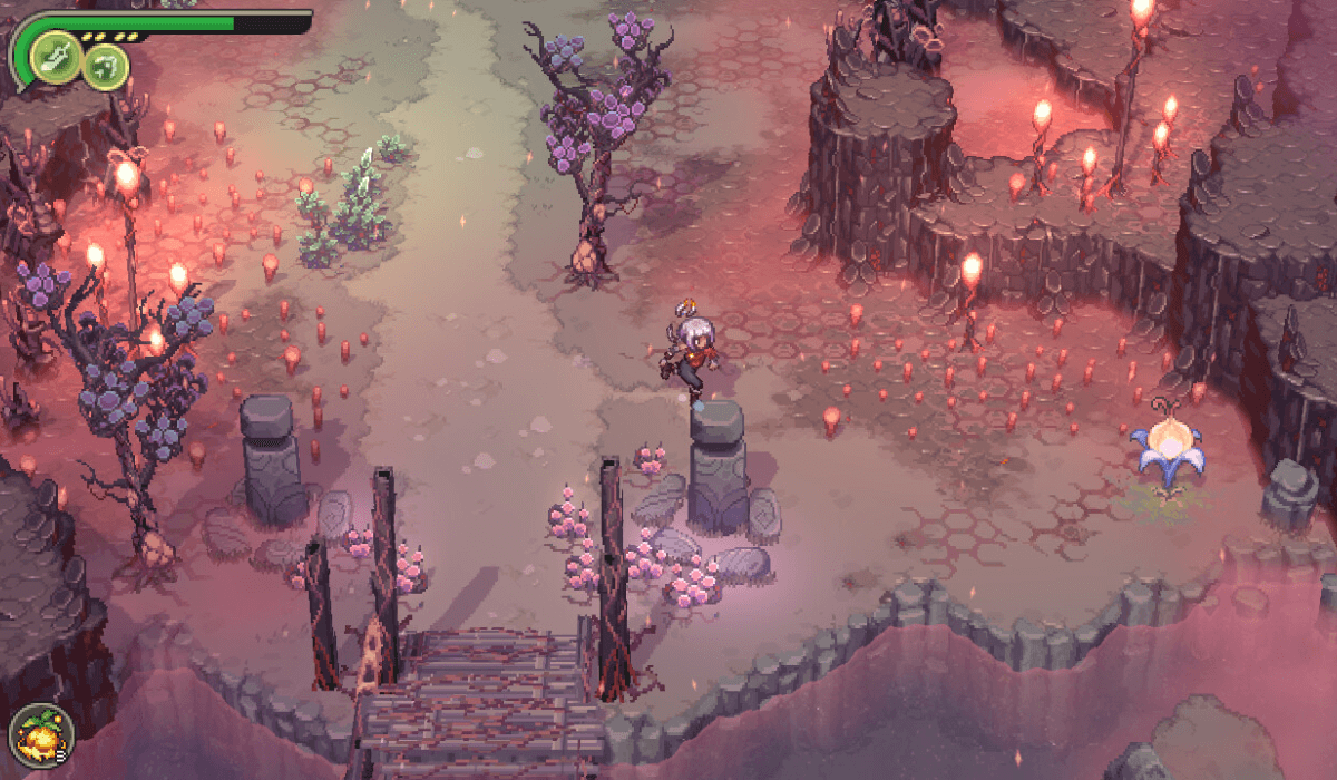 A pixel art scene showing a girl with short white hair running through a burned pond landscape.