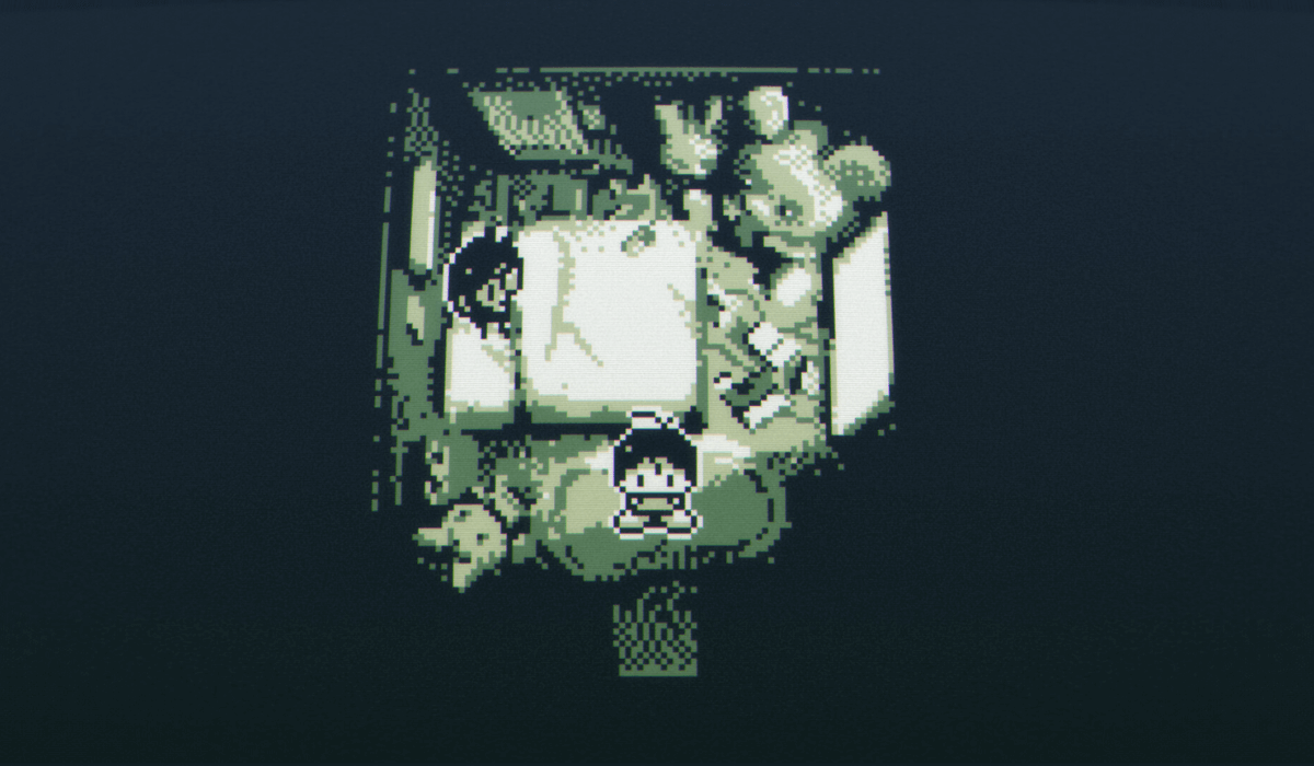 A monochrome pixel art scene depicting a person sleeping in a bed surrounded by giant stuffed animals and a person standing by the bedroom door.