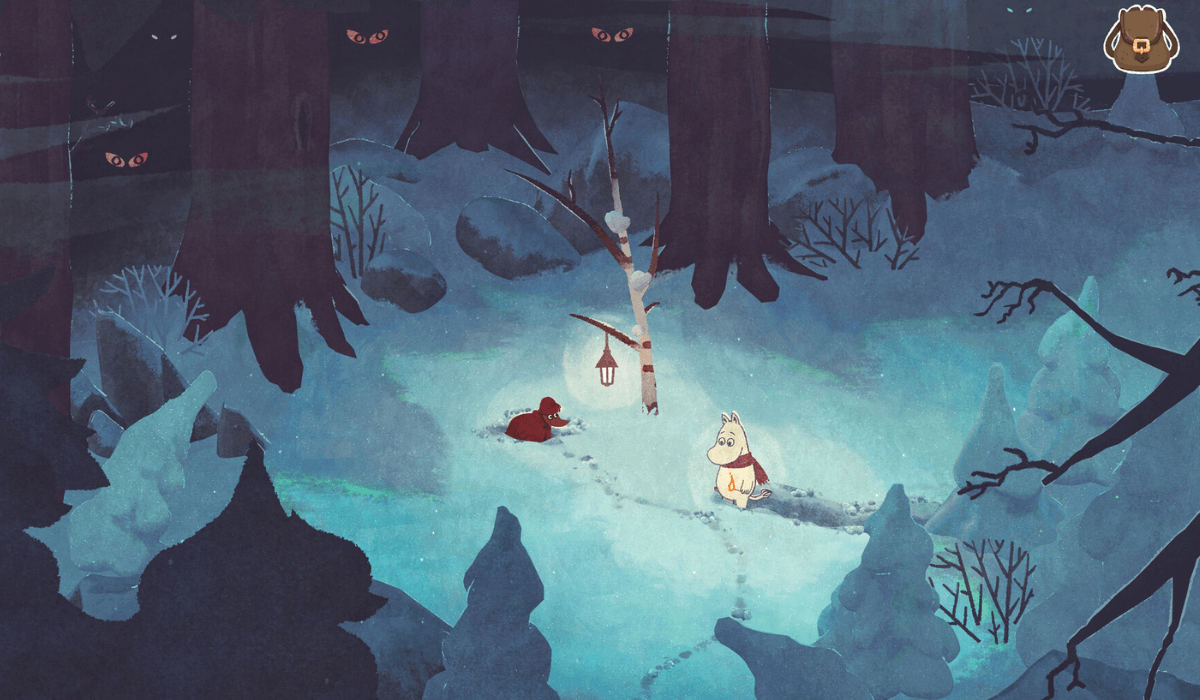 A hand-painted scene of Moomintroll walking through the snow at night to help a dog in distress as red eyes hover in the trees.