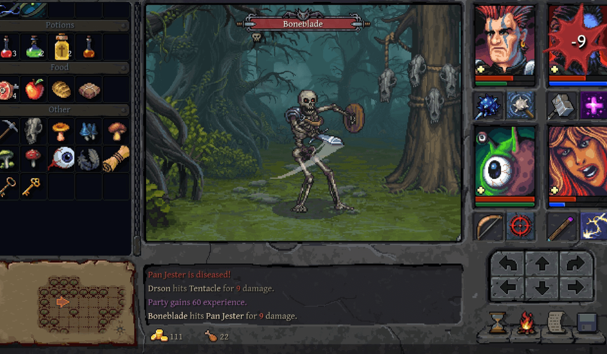 A pixel art game interface showing an inventory on the left, character portraits on the right, a map in the bottom left, and a view of a skeleton attacking with an event box below.
