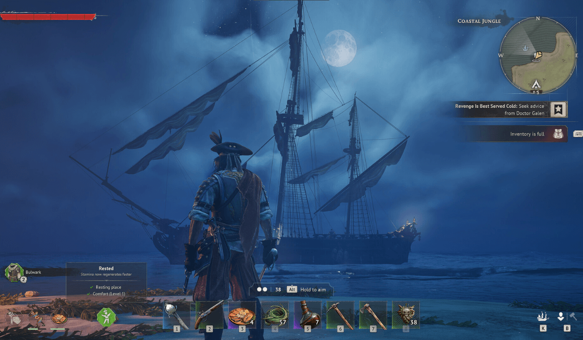 A pirate stands on a beach at night, looking at a large ship. Hotbar icons are at the bottom, a health bar in the top left and a minimap in the top right.