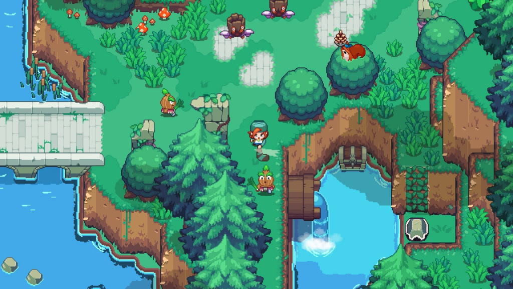 In a lush forest beside a river, Nia takes a swipe at an enemy with her hockey stick. Other enemies await her in the background.