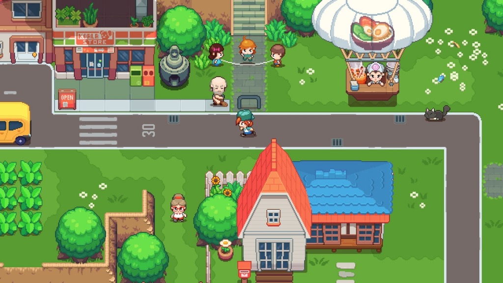 Nia is exploring the neighbourhood. An old man can be seen sweeping outside of a shop. Three children are playing jump rope, whilst a food vendor is awaiting customers.