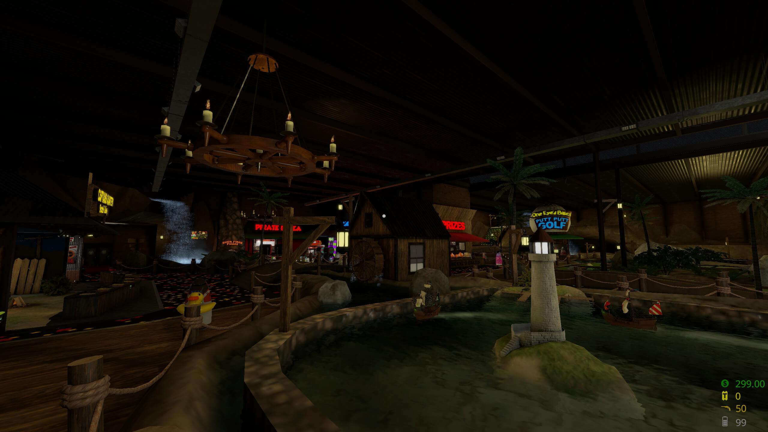 A wide shot of a pirate-themed arcade, with a tiny lighthouse sitting in a small pond in the foreground and games in the background.