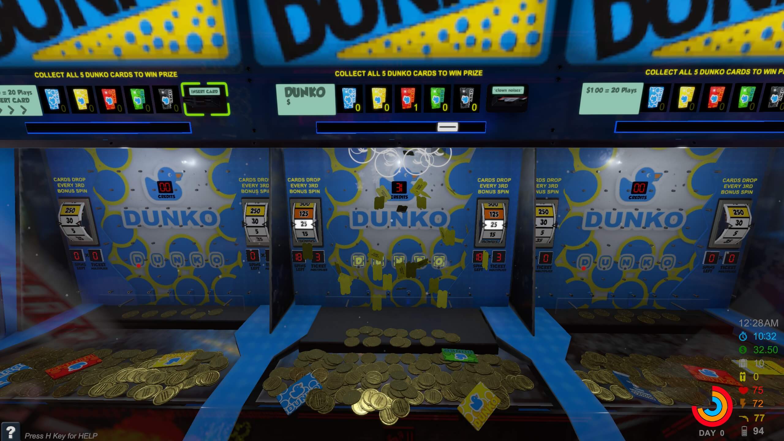 A Dunko coin drop machine filled with tokens and cards.