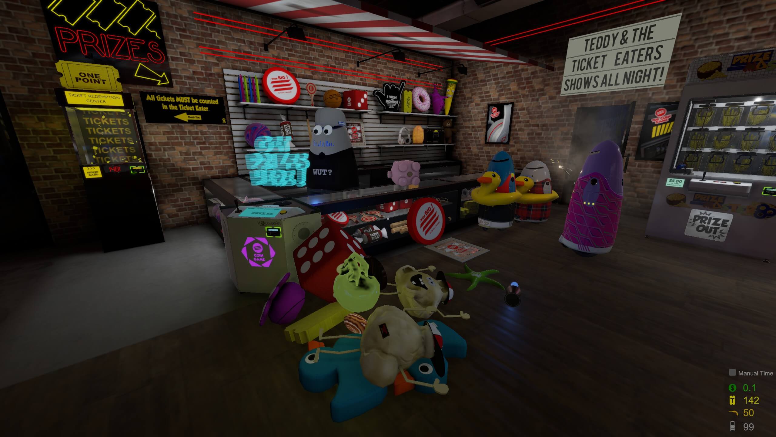 A large pile of prizes sits inside Larry's Arcade.