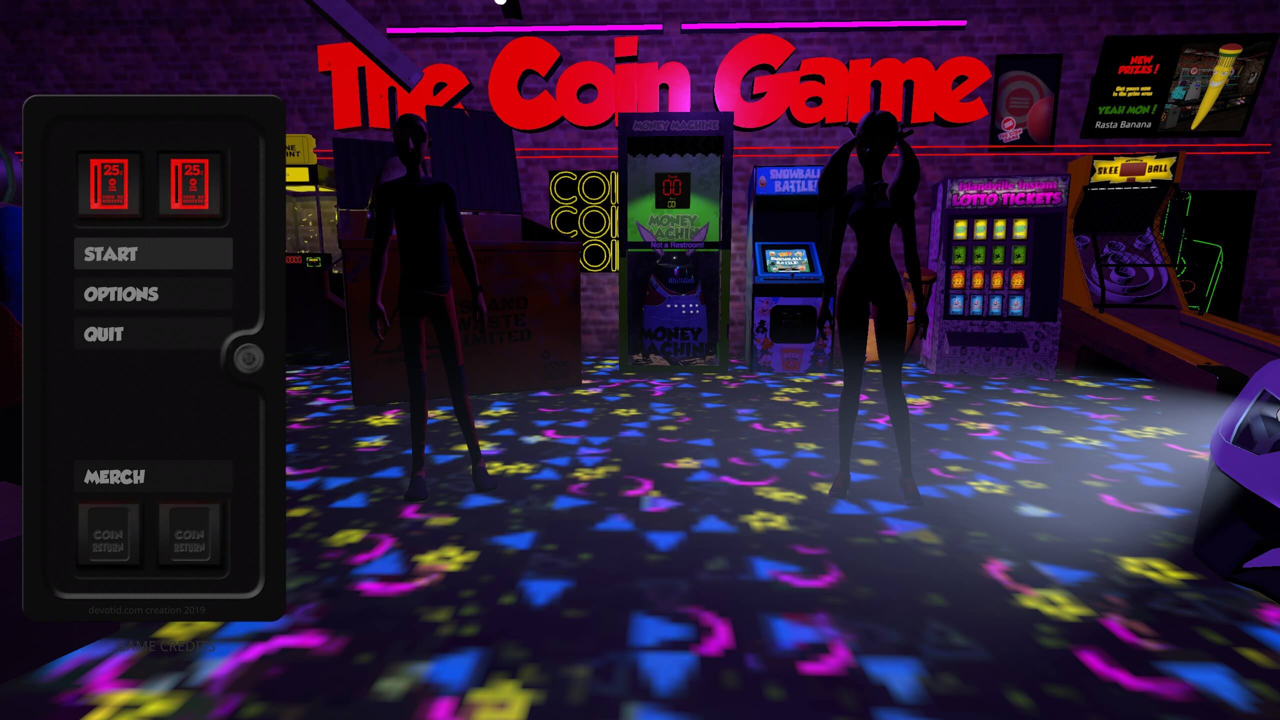 The title screen of The Coin Game, featuring an arcade and silhouettes of the playable characters.