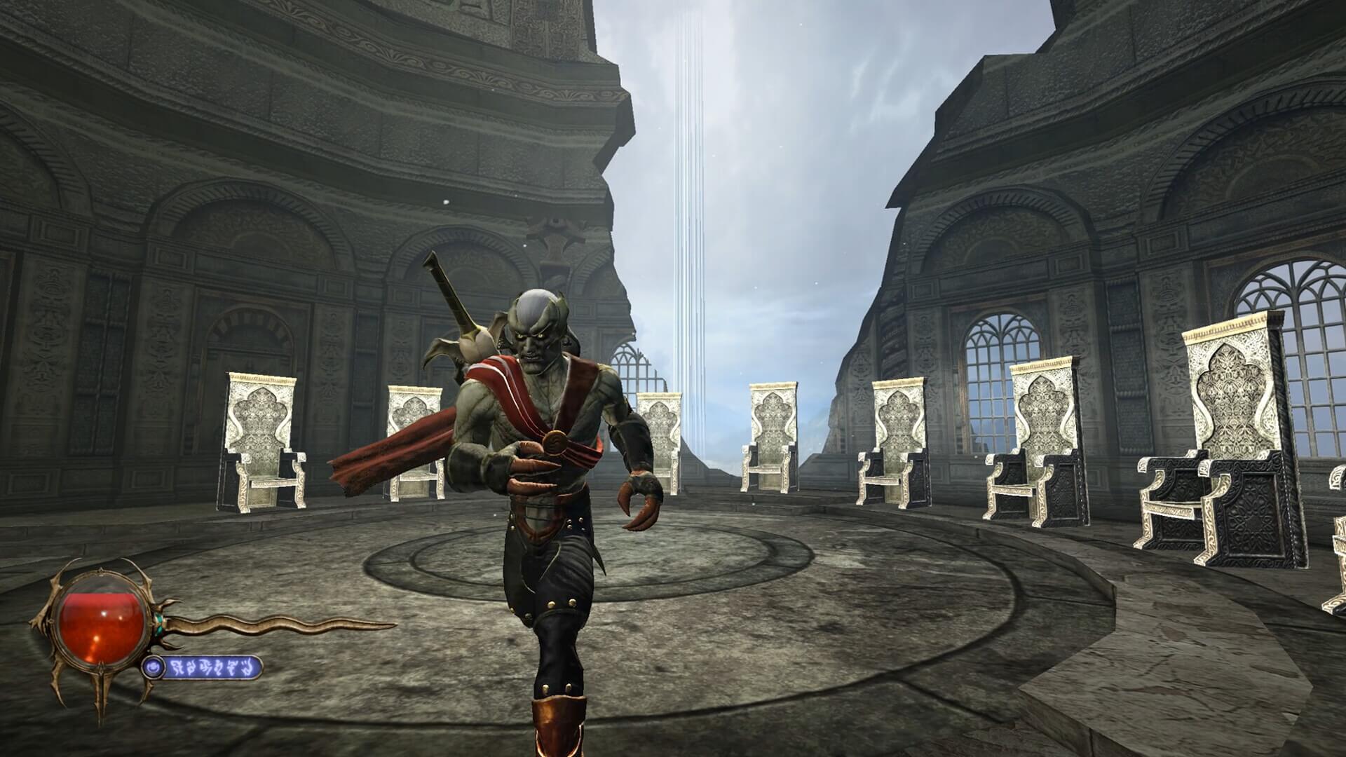Gameplay screenshot of Kain walking towards screen. It shows off the new, non-fixed camera angles. Behind the player-character, several stone chairs are positioned in a semi-circle.