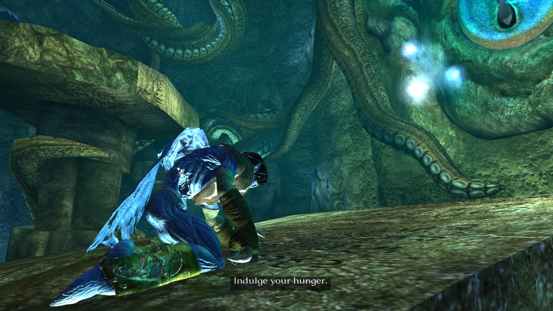 Raziel, kneeling to the Elder God. The Elder God appears to be a Cthulhu type entity, with huge tentacles and a large, blue eye.