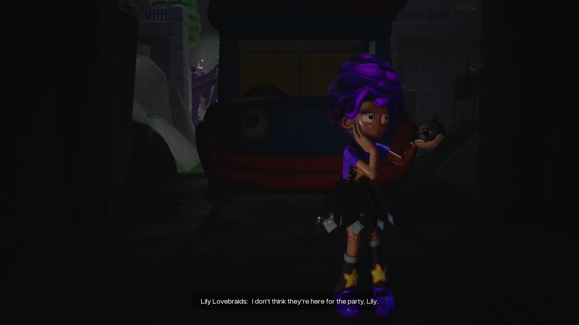 A character with purple hair stands in a dark amusement park, holding an object. They're concerned, suggested by the text: "I don't think they're here for the party."