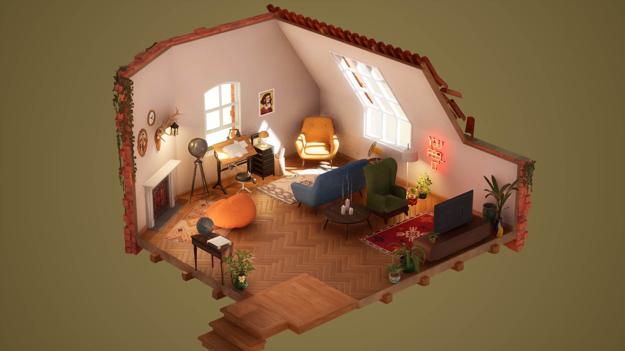 The cluttered room, now clean and decorated with colorful furniture