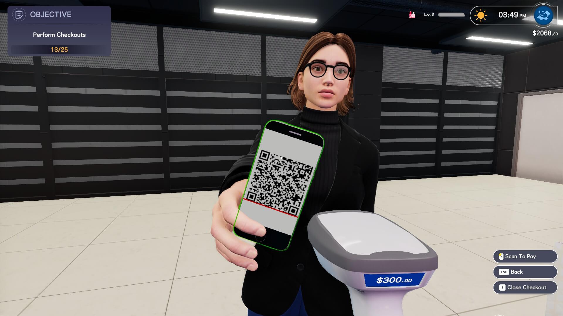 A person in glasses holds a phone displaying a QR code toward a handheld scanner. The background shows a modern, dimly lit retail environment.