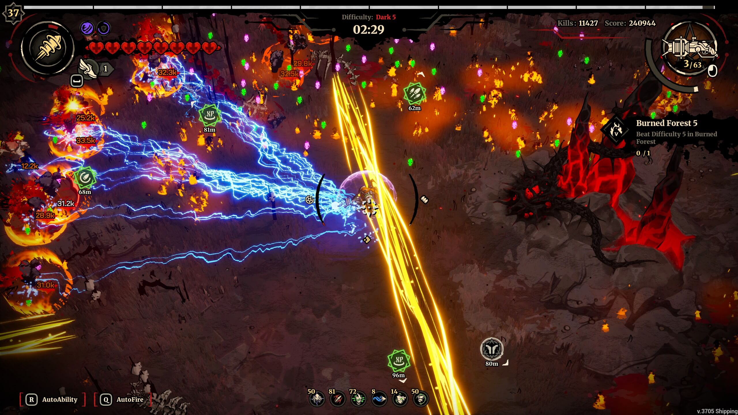 Top-down view of a game fight scene with electric and fiery attacks, multiple damage indicators, and a challenge to beat Dark 5 difficulty.