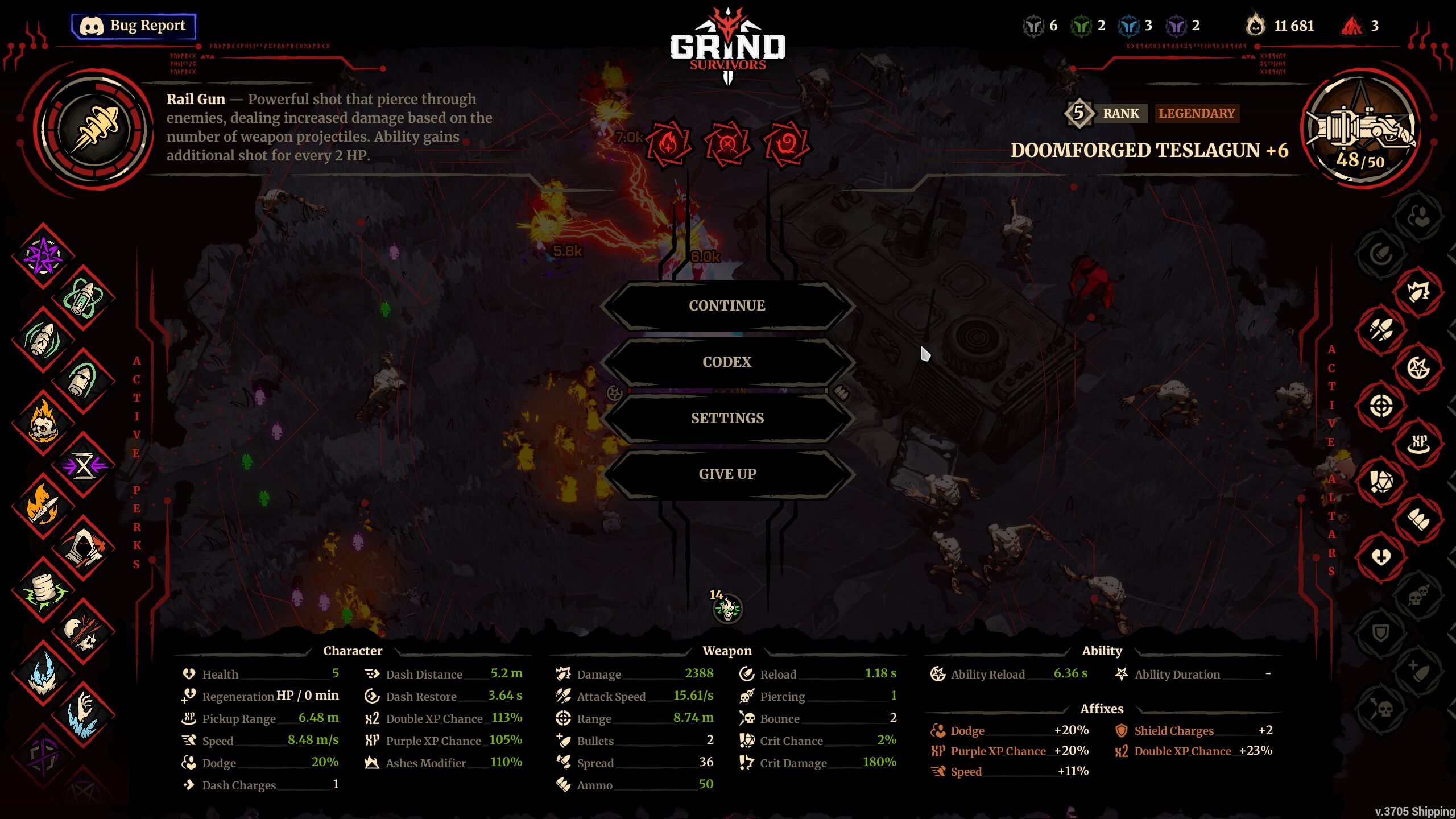 Gameplay screen from Grind Survivors showing weapon stats for Doomforged Teslagun, character perks, abilities, and menu options.