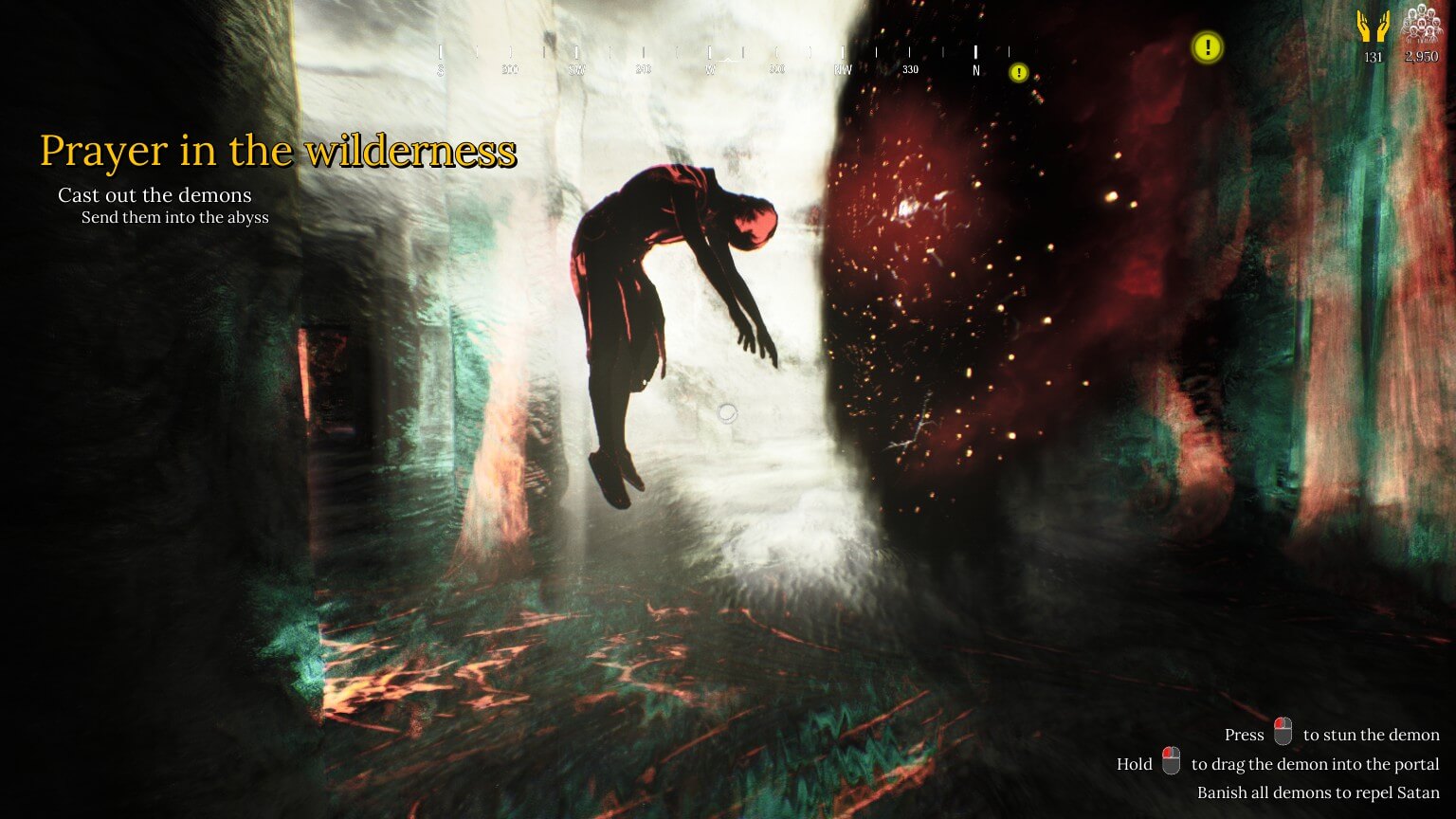 A demon is being lifted towards a red portal while floating in a guiding light. The portal looks like a small galaxy.