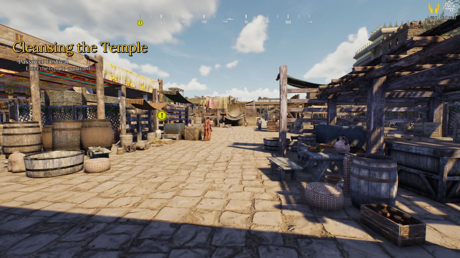 A marketplace, with various barrels plastered around.