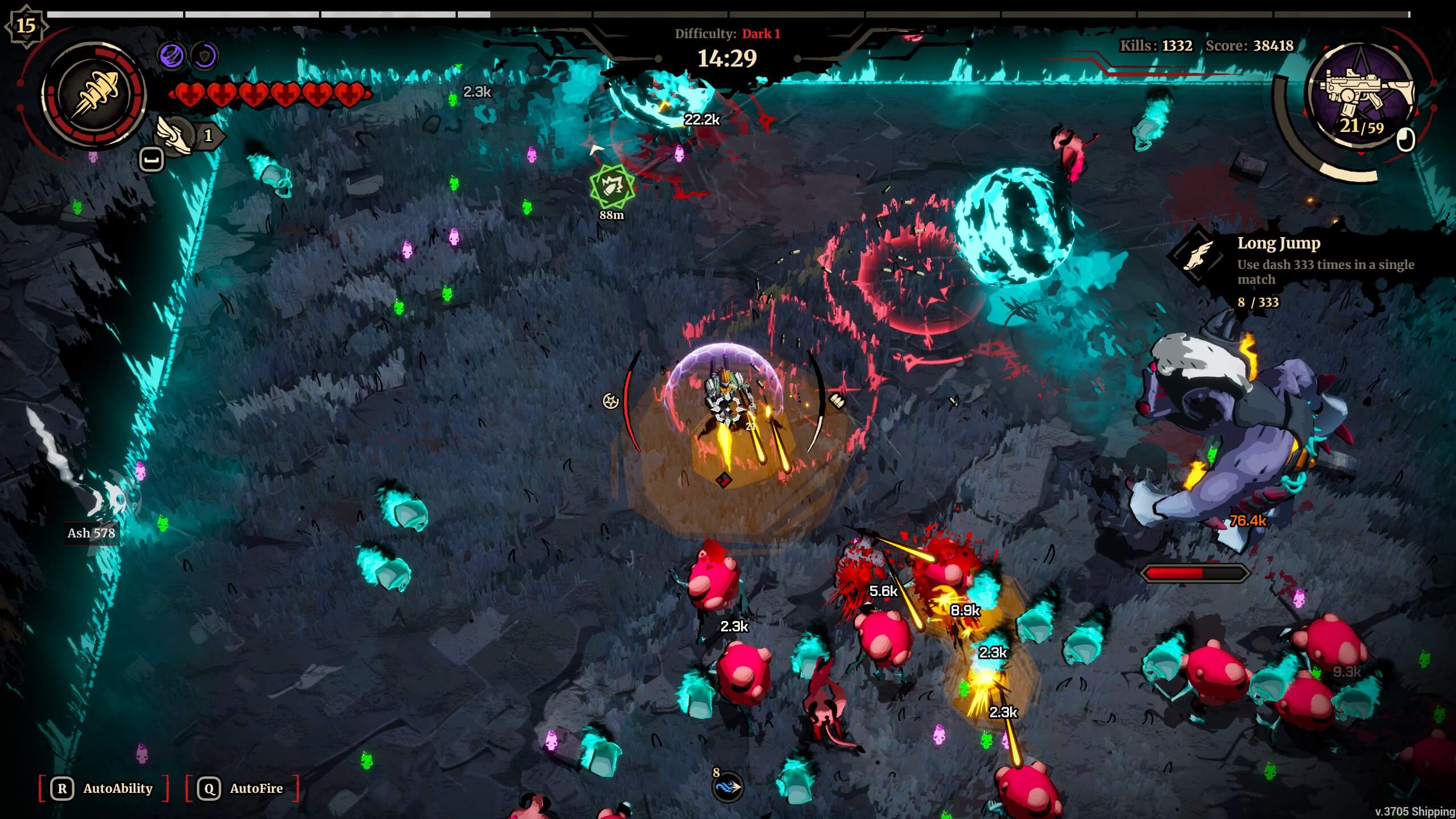 Top-down view of a player character attacking enemies in a dark dungeon with glowing effects and game HUD showing score and abilities.