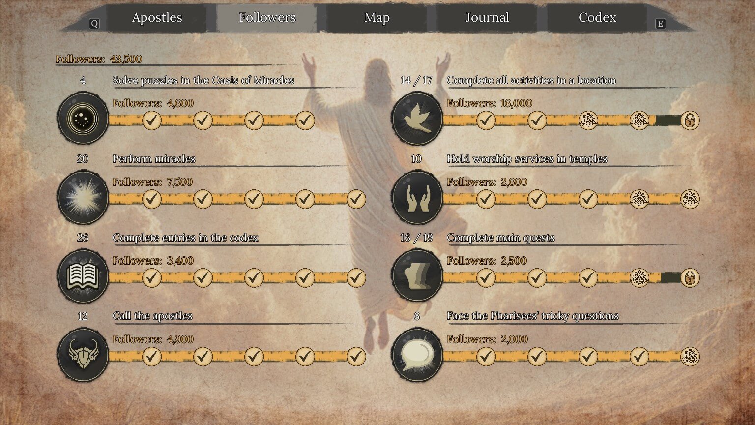 The followers tab in the game. Each simple corresponds to something the player can work towards, and shows how many followers they will earn.