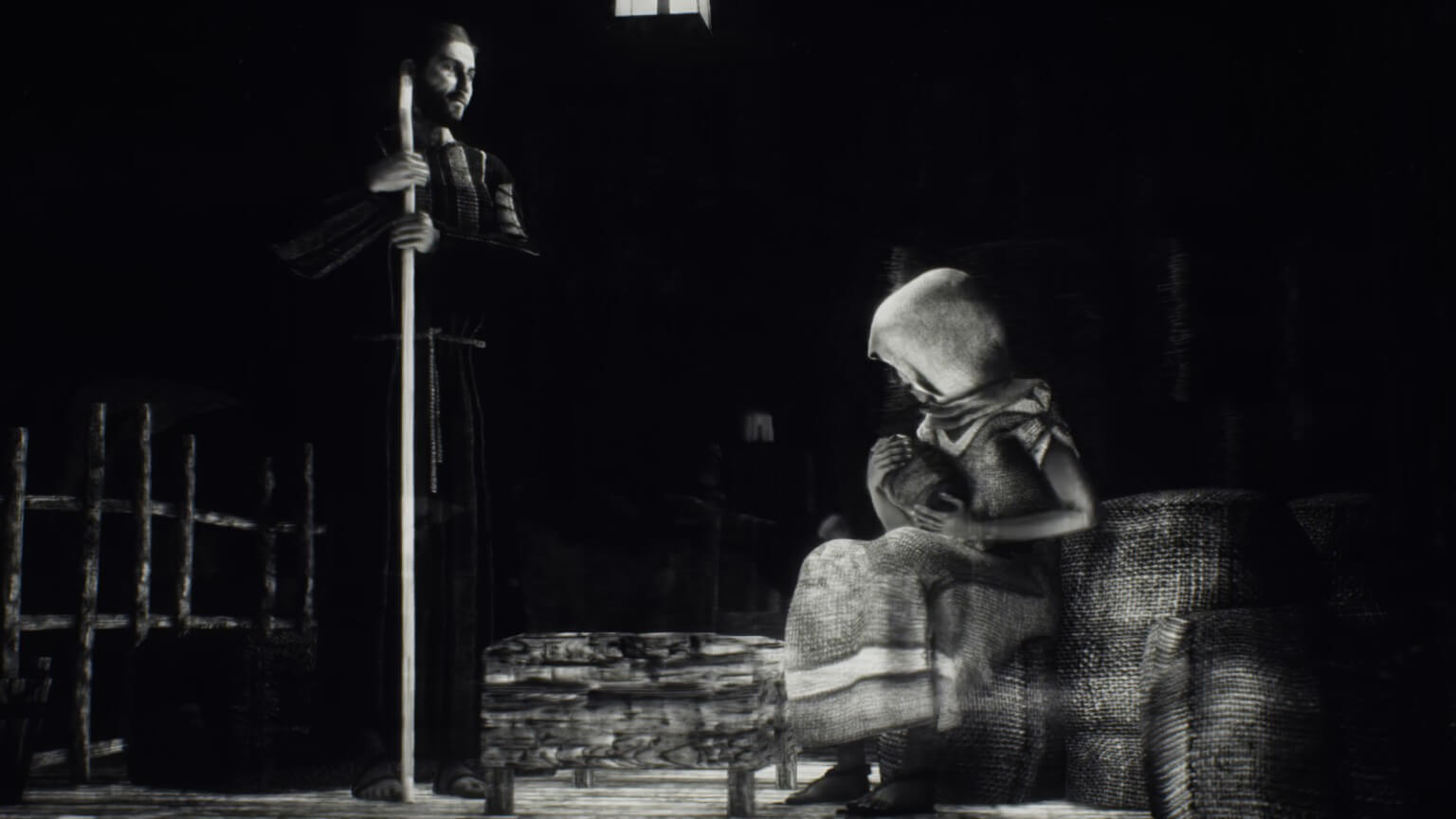 Three people from the Bible, they are, Mary, Joseph, and the little baby Jesus. Joseph is holding a staff, while Mary is holding a baby. The entire picture is in black and white.