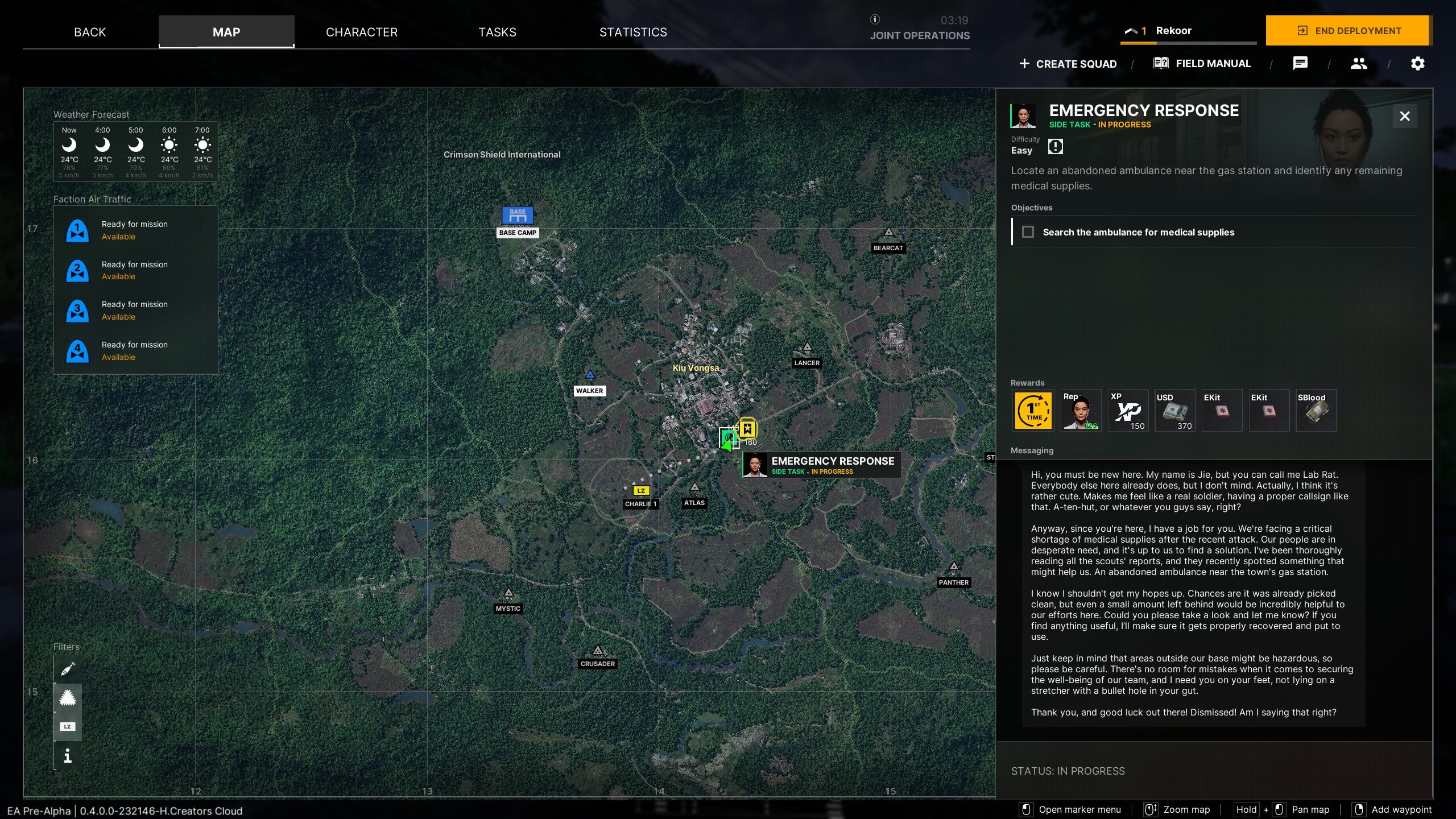Map screen of a tactical game showing mission "Emergency Response" in progress near Kiu Vongsa, with weather, faction air traffic, and task details.
