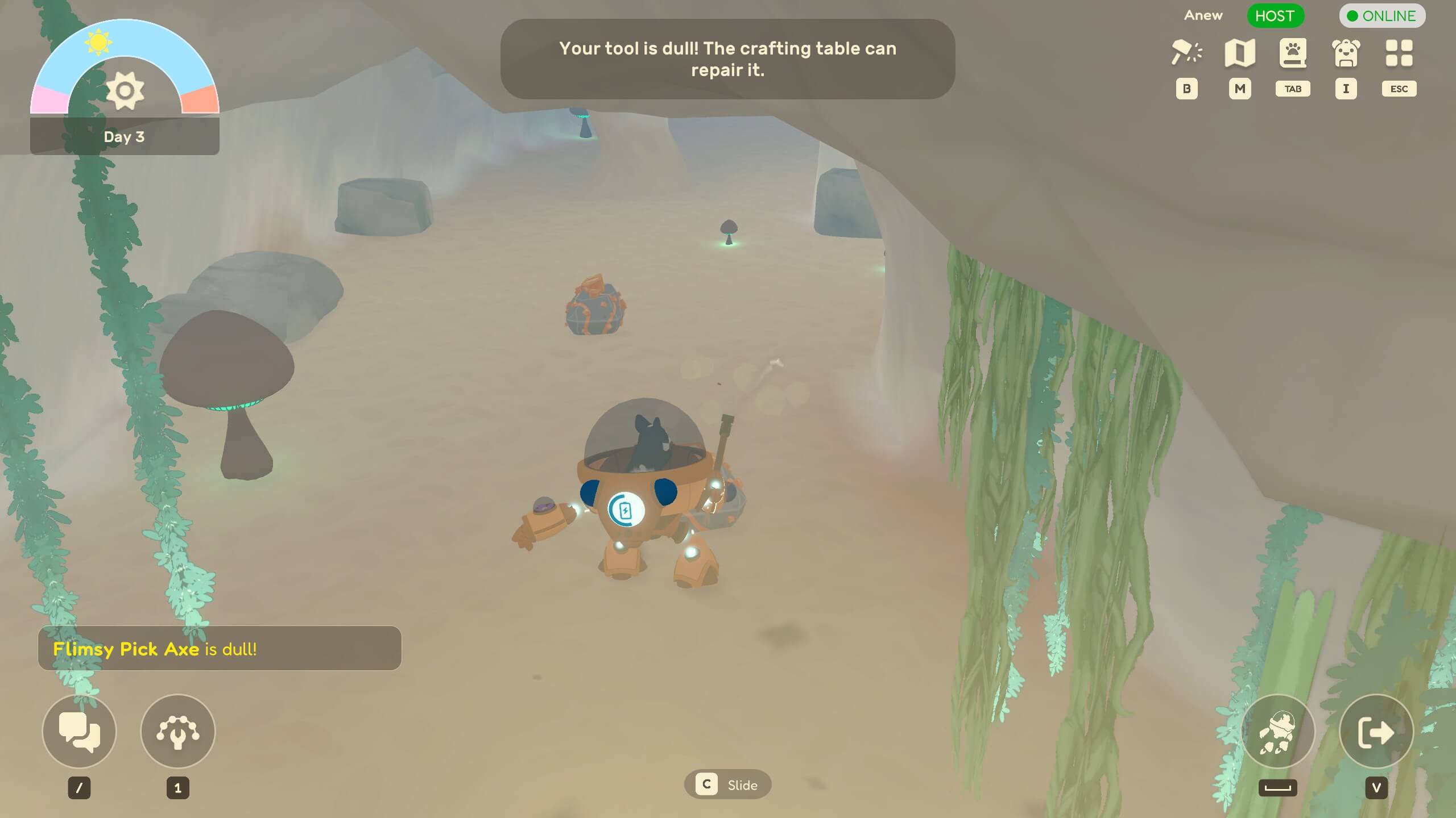 Gameplay screenshot showing a character in a robot suit inside a cave with glowing plants and the message "Your tool is dull!" displayed.