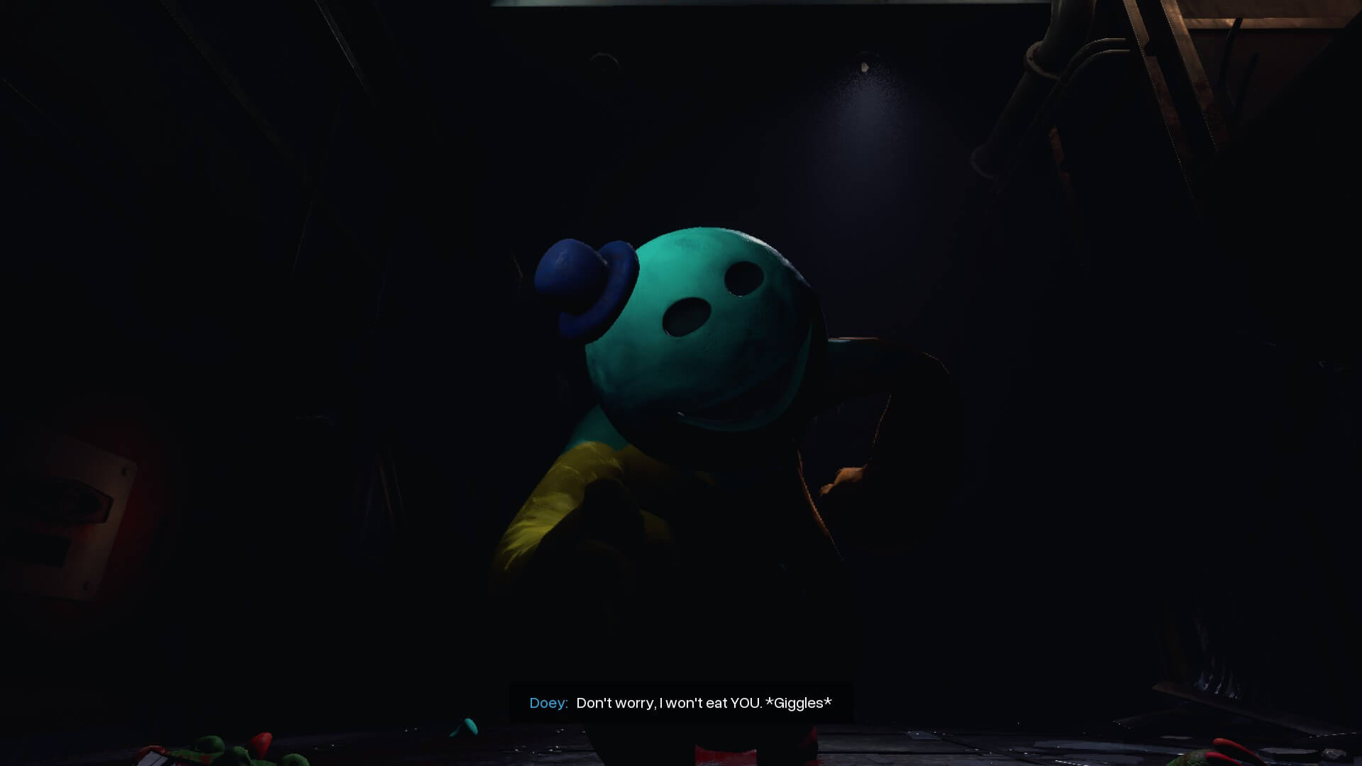 Doey - a smiling teal character with a blue hat in a dark setting, partially in shadows. Text reads: "Don't worry, I won't eat YOU! *giggles*". Eerie atmosphere.