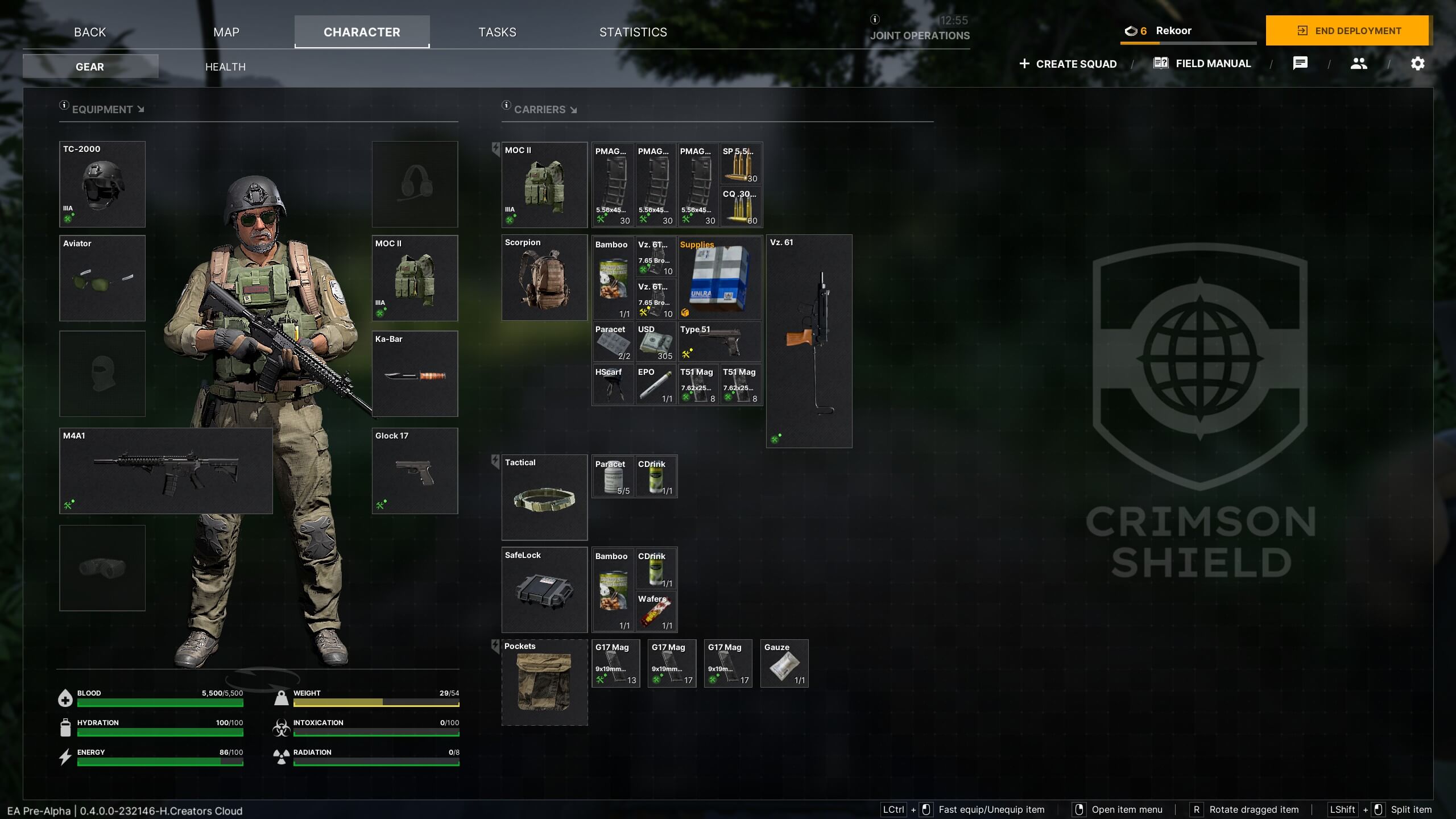 Screenshot of a game character inventory screen showing equipped gear, weapons, ammo, supplies, and player stats.