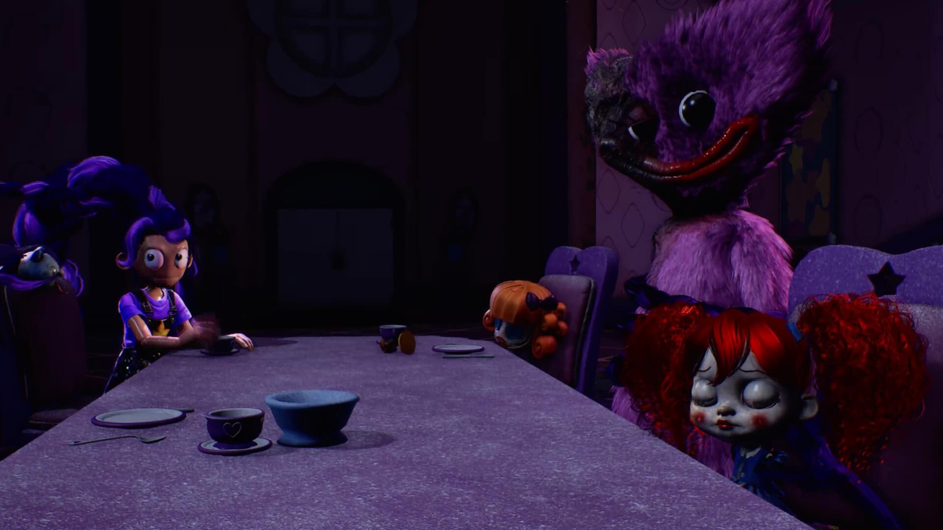 A dimly lit room shows animated figures seated around a table. Characters have colorful hair and expressions of surprise or fear. The atmosphere is eerie.