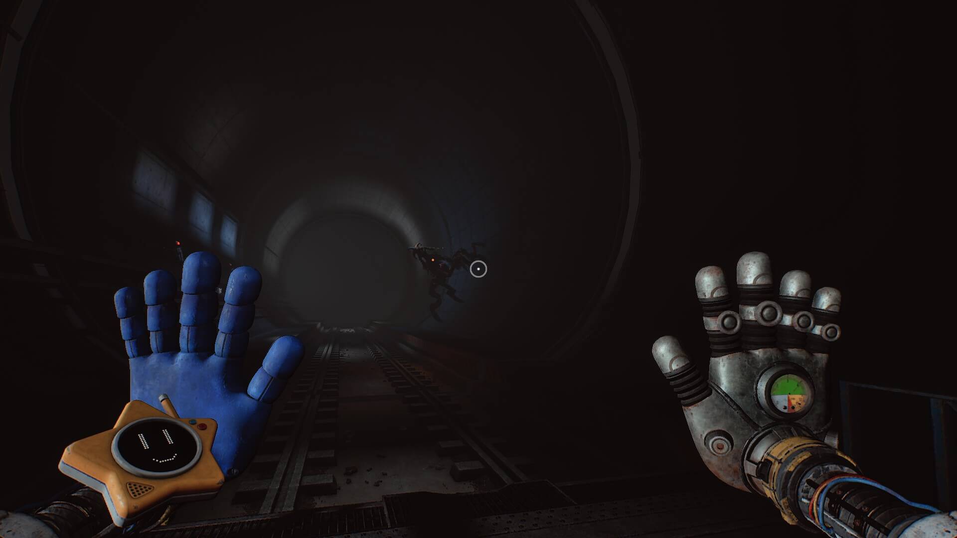 A dark tunnel scene from a video game with robotic gloved hands in the foreground. A mysterious creature lurks in the shadows, creating a tense atmosphere.