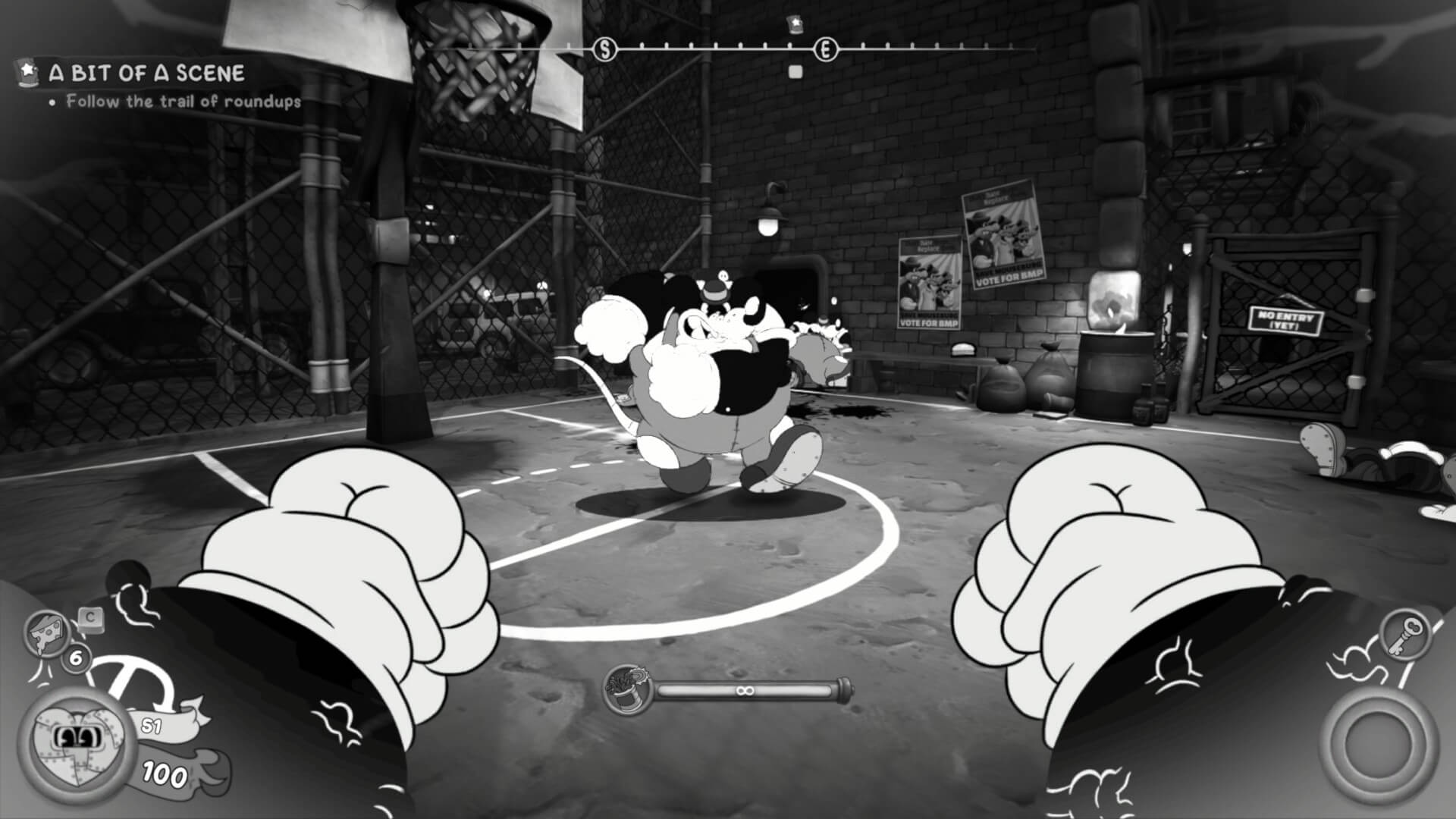 A large mouse is charging at the player, while the player's arms have enlarged and gained veins to show they have super strength. 