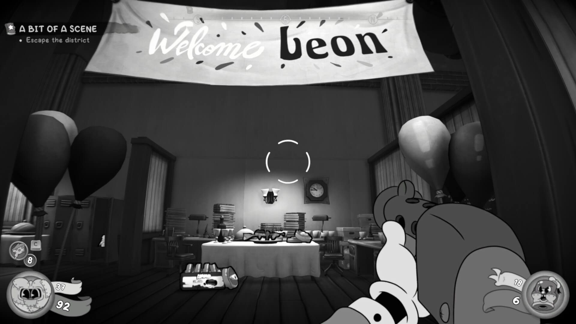 A large sign that reads "Welcome Leon" with the first word in white, and the other in black. Balloons are placed around and ahead of the character is a table with food, with books nearby. 