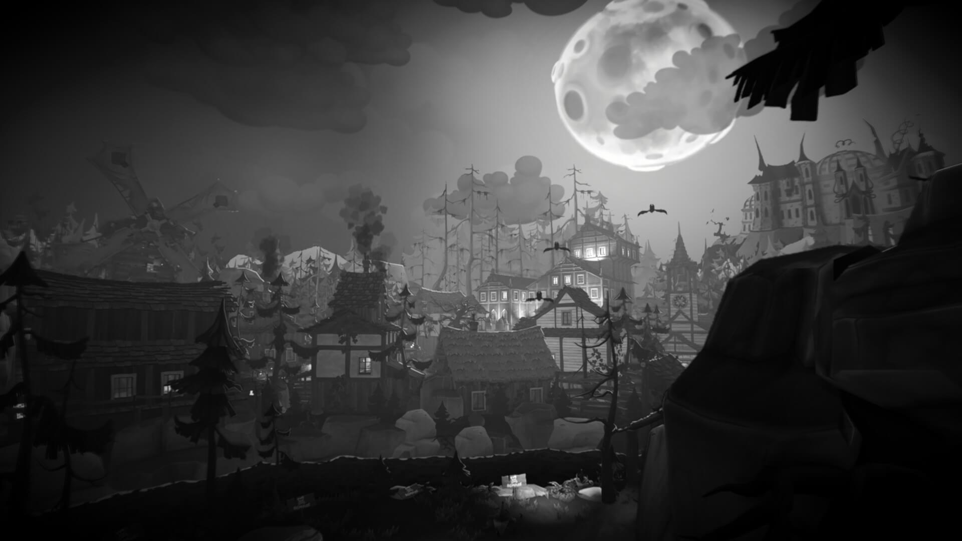 A large village being illuminated by a large moon, the moon. 