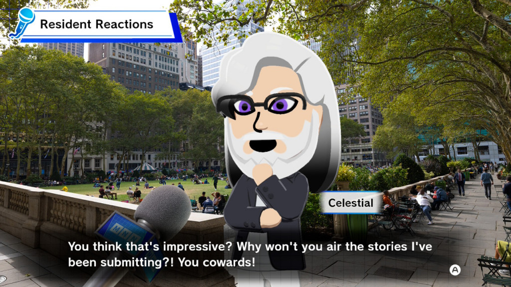 Outdoor urban park scene with people relaxing, a microphone in the foreground, and a character named Celestial angrily speaking to the press.