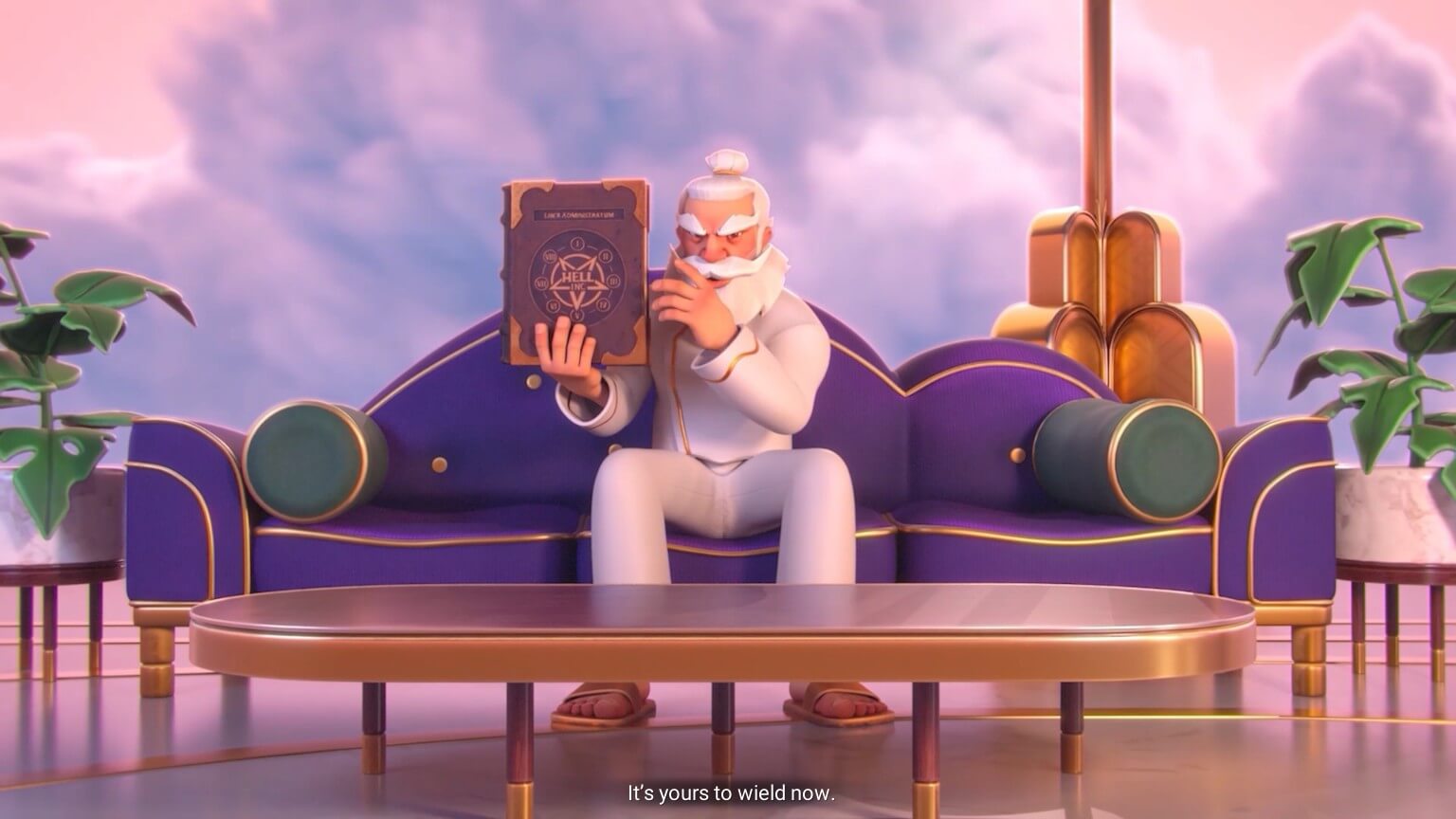  a man wearing a white outfit with gold trim, and has white hair, with it being in a bun. I sat on a purple couch holding a tome with four gold corners and a gold pentagram in the center. There is some text below that says "It's yours to wield now"