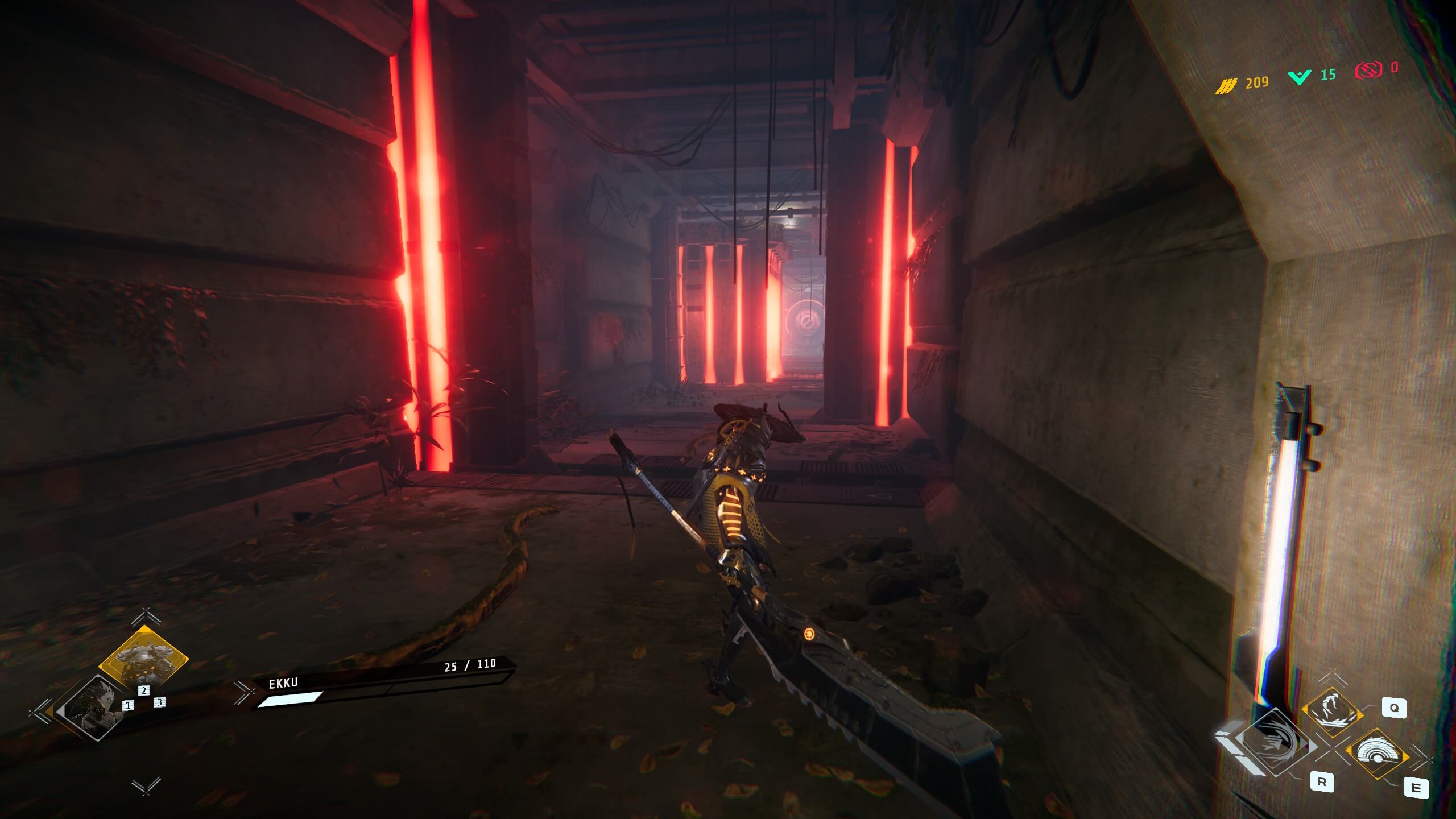 Third-person view of a character wielding a large weapon, navigating a dimly lit corridor with glowing red vertical lights and game HUD elements.