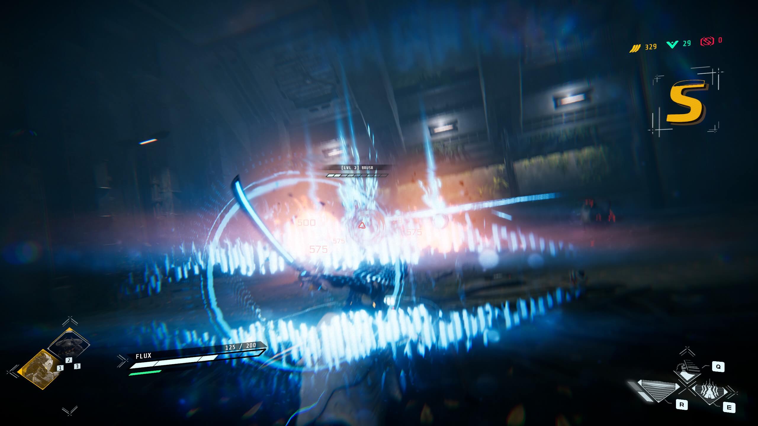 Screenshot from a sci-fi action game showing a character wielding a blue glowing sword in a circular energy attack against an enemy named "BRUSR."