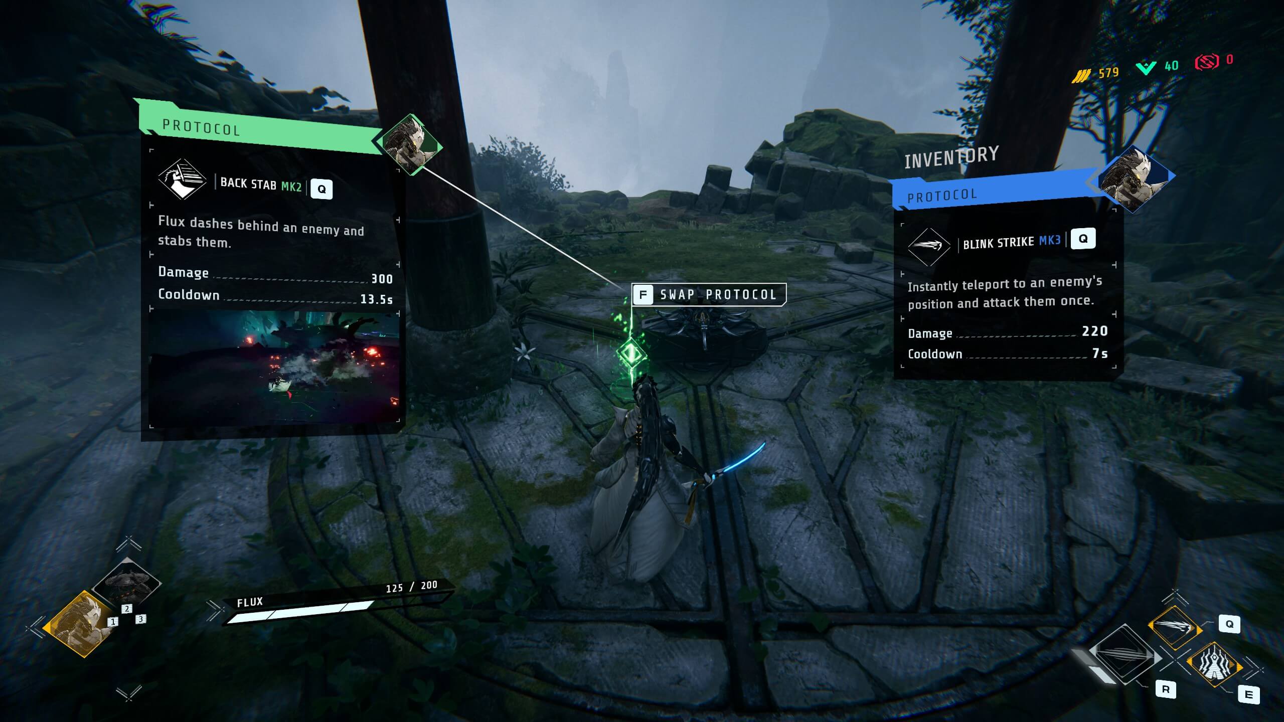 Gameplay screen showing a character holding a glowing sword on ancient stone ground with UI panels for swapping protocols and abilities.