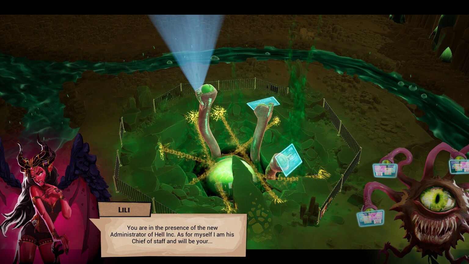 A hole with three eyes pertruding out fo the ground and is being kept closed by magic yellow chains. illistations for two of the characters are seen in both lower corners. One looks like an orb with a large green eye, while the other is a succubus with a pinkish red skin and and wings. 