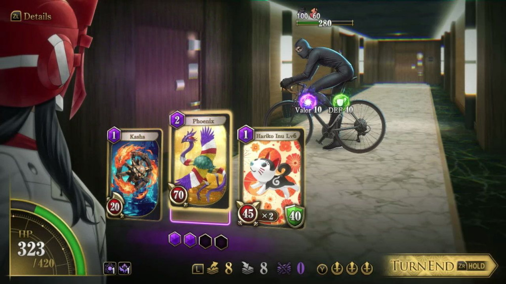 A game screen showing a player in a red hooded outfit facing a masked figure on a bike in a hallway, with three character cards displayed.