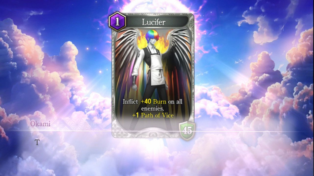 A glowing game card titled "Lucifer" showing a winged figure with flames, offering +40 Burn damage and +1 Path of Vice ability.
