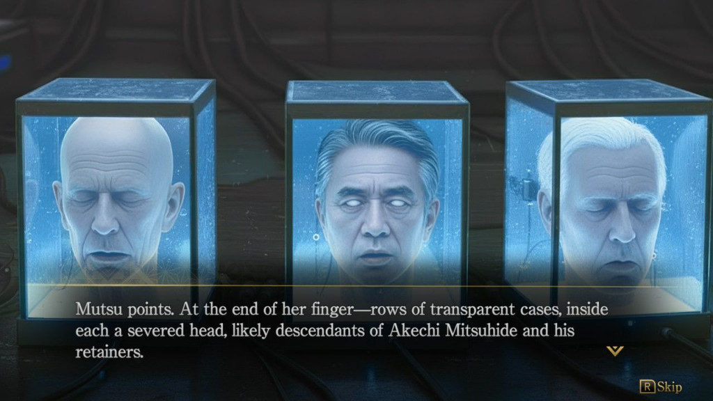 Three severed heads in transparent display cases, suggested to be descendants of Akechi Mitsuhide and his retainers, with text overlay on screen.