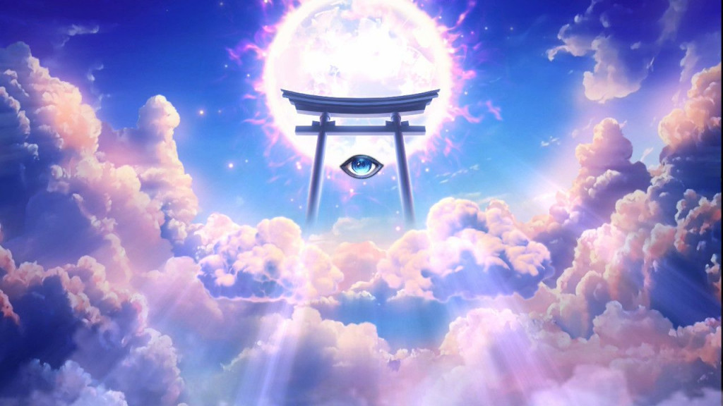 A glowing Torii gate floating among vibrant clouds with a radiant sun and a surreal blue eye at its center.