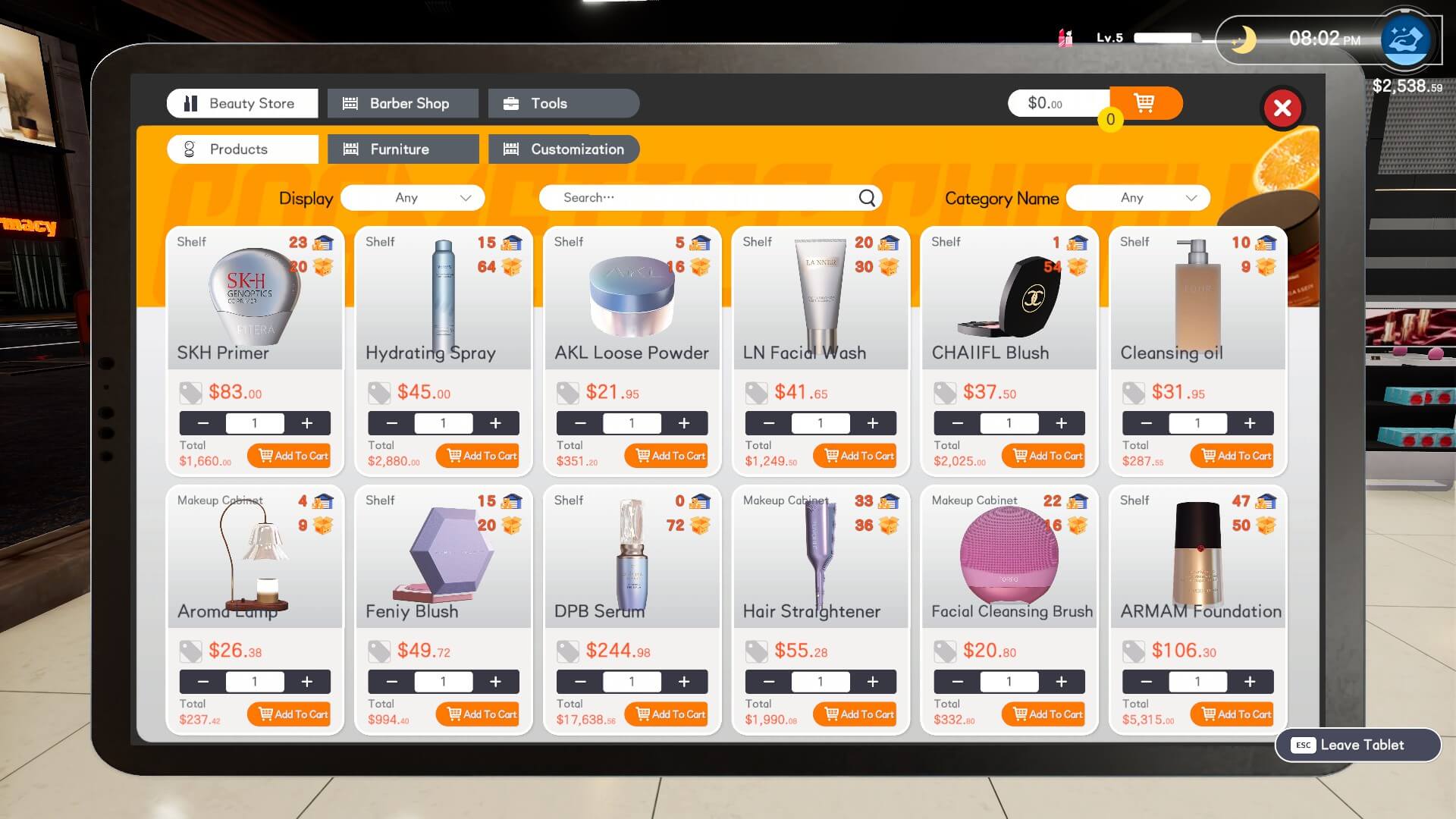 A digital shop screen displays various beauty products with prices and orange "Add to Cart" buttons. Categories include primer, blush, and foundation.