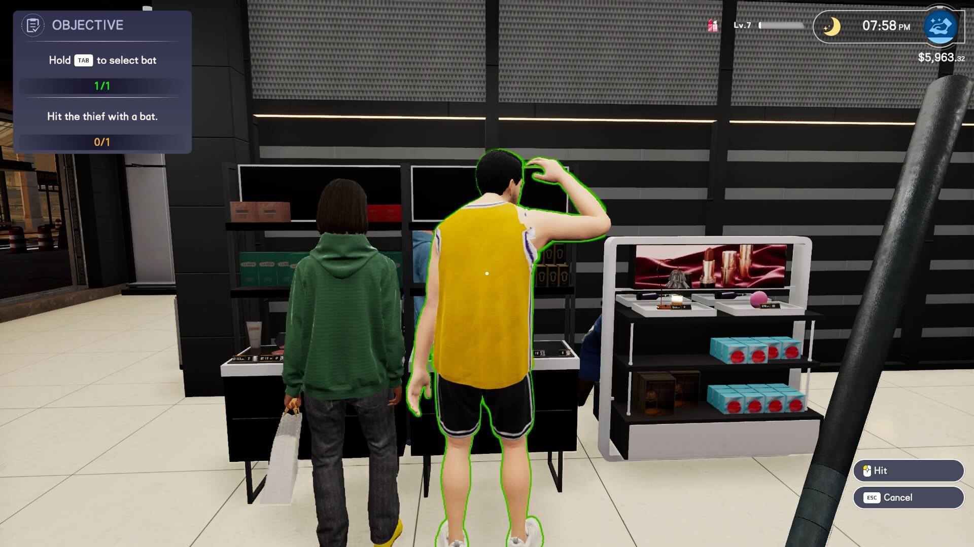 A video game scene shows two characters in front of a store display with shelves of merchandise. An objective menu on the left instructs to "Hit the thief with a bat."