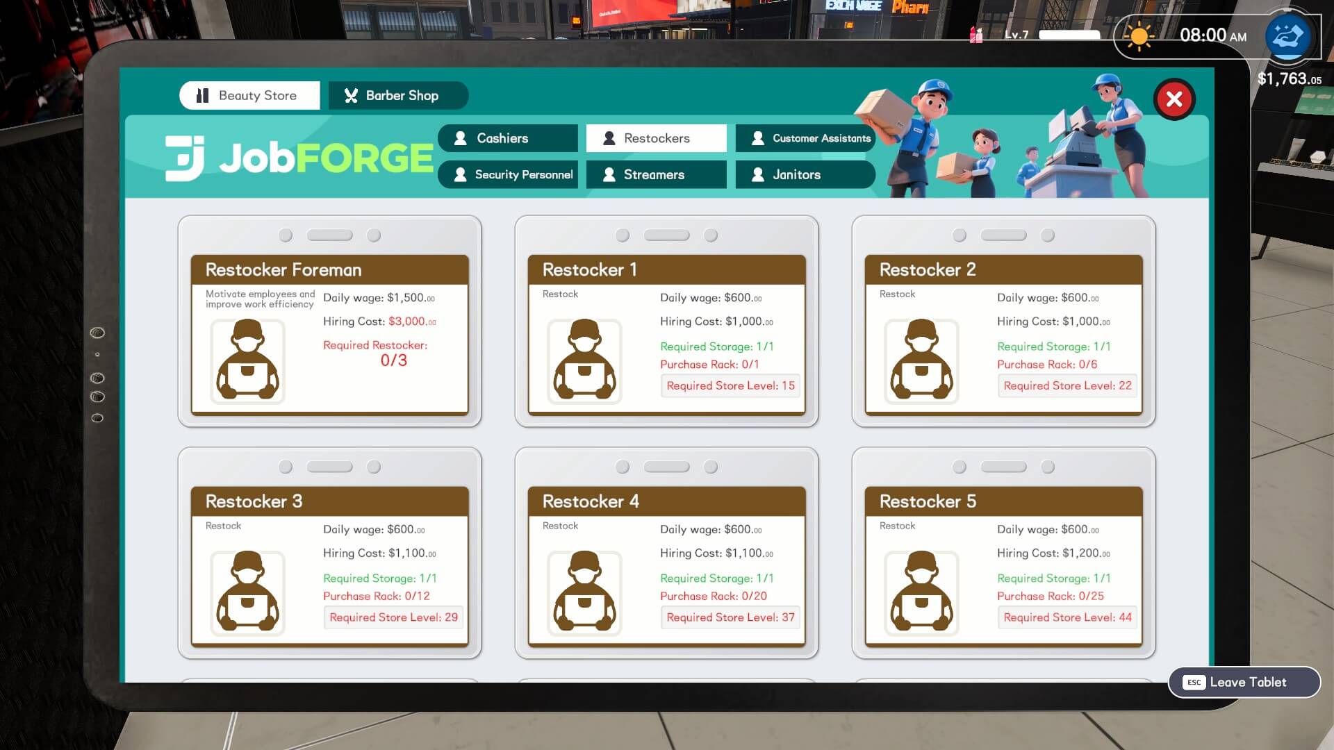 A JobFORGE game interface displays hiring options for restocker positions, listing details like daily wage, hiring cost, and required levels.