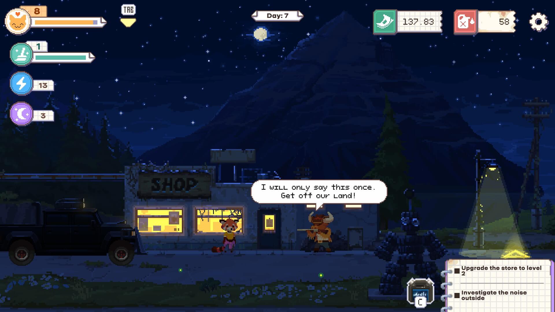 A dark night and outside the gas station. There are two characters facing each other, one looks like a red panda, and the other is a bull in cowboy attire. The bull is pointing a shotgun at the red panda. He has a speech bubble saying " I will only say this onces. Get off our land!" 