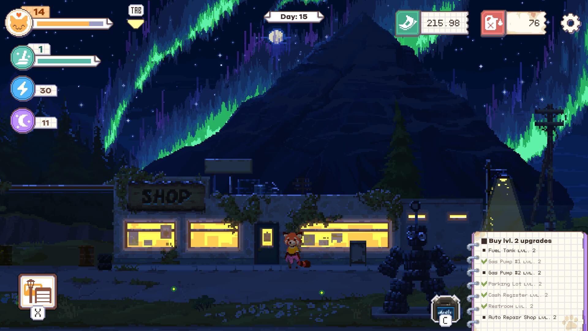 Lights that look similar to the nothern lights in our world are appearing around the mountain in the background. The Red Panda is stood outside the gas station and is wearing a yellow top and purple hoodie wrapped around her waist. The stations lights are also on. 